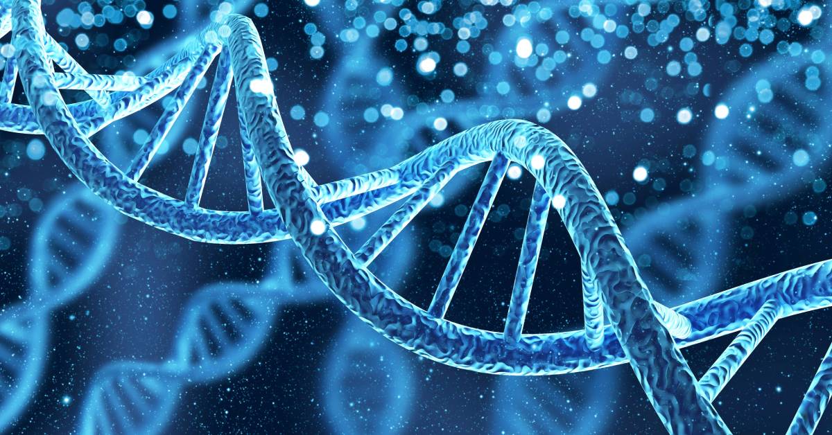 A neon blue DNA helix is in the center of the frame with various particles and smaller DNA helixes in the background.